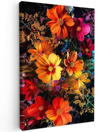 MuchoWow© Impression sur Toile Peinture 80x120 cm Tableau Mural Decoration Salon Reproductions de Tableaux Murale Moderne Fleurs - Coloré - Noir