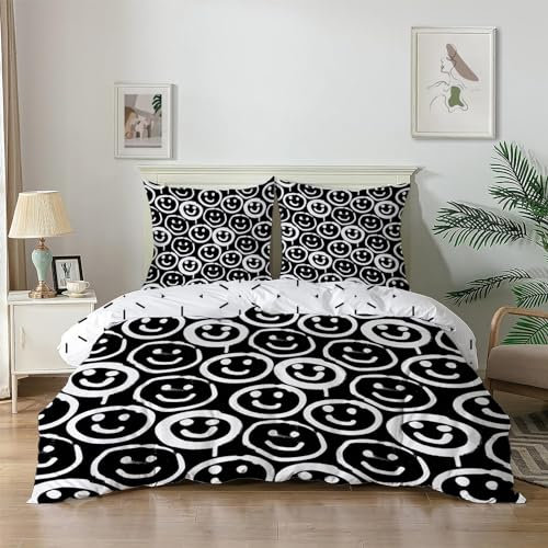 dyausi Bettwäsche 135x200 Schwarz Smiley Doodle Bettwäsche-Sets Weiche Microfaser Wende Bettbezug 135 x 200 und 2 Kissenbezug 80x80 cm mit Reißverschluss Moderne Mode