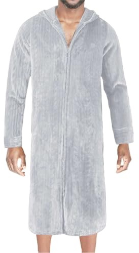 Herren Bademantel Flanell Weich Flauschig Hautfreundlich Reisebademantel Loungewear Grau Schnelltrocknend mit Reissverschluss Frottee Nachtwäsche Morgenmantel Lang mit Kapuze Saunamantel Bademantel