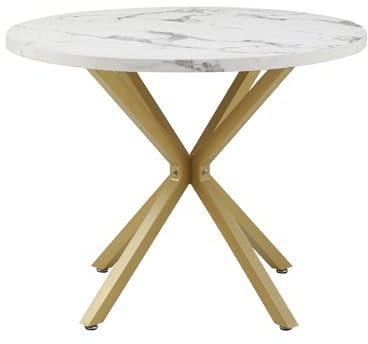 JZGORC Moderner Runder Esstisch, Esstisch aus Industrieblech, Esstisch mit Goldbeschichteten Metallbeinen, Tisch für Wohnzimmer oder Küche, Nordischer Esstisch für 4–6 Personen, 100cm – Marmorstruktur