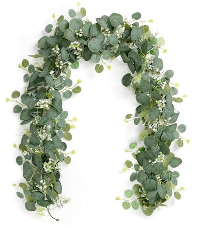 ParPix Künstliche Eukalyptus Girlande, Eukalyptus Pflanze Girlanden 180cm Weidenblättern Grüne Blätter Weiße Blume Eukalyptus Deko, Eukalyptus Künstlich Girlande Hochzeitsdeko, Pflanzen Girlande Grün