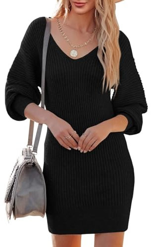 Saodimallsu Vestido de Punto para Mujer, Cuello de Pico, Manga Larga, Elegante, Mini, Informal, Túnica, Suéter, para Otoño e Invierno, Negro, M