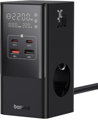 Baseus 35W USB C Steckdosenleiste GaN5 Ladegerät 3-Fach Steckdose mit Schalter, 3 AC + 2 USB C + 2 USB A, Tragbar PD-Ladegerät für MacBook, iPad, iPhone 15/14/13/12, Galaxy, Spiel, Zuhause, Büro