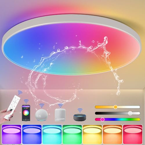 YICALE Plafon LED Techo RGB,IP44 Lampara de Techo Regulable con Mando a Distancia y APP,3000-6500K Lampara Techo Dormitorio con 16 Millones RGB Colores para Baño,Salón,Cocina,Ø32CM