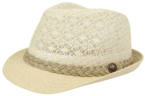 Nicky Adams Countrywear Women's Fedora Trilby Sun Hat - UV Protection, Plaited Piping, Embroidered Lace, Straw Panama Hat for Summer, Spring Festivals, Casual Wear, White Brown Beige