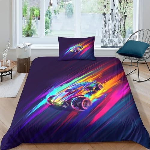 Rocket League 3D-Druck-Bettwäsche-Set, luxuriös, bunt, Steppdecke für Jungen, Mädchen, Teenager, weicher Bettbezug mit verstecktem Reißverschluss, Einzelbett (135 x 200 cm)