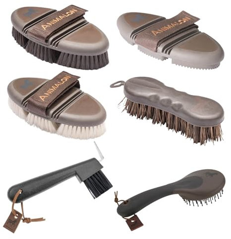 kavalio Bürstenset - Animalon Kardätsche, Striegel, Glanzbürste, Hufkratzer, Mähnenbürste & Hufbürste - Komplettset
