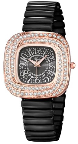 JewelryWe Damenuhr Elastische Quadratische Uhr: Glitzer Zirkonia Analog Quarz Armbanduhr Damen Schwarz Edelstahl Stretch-Armband Kleine Diamant Uhr mit Zugarmband & Eckigem Wirbel-Gehäuse