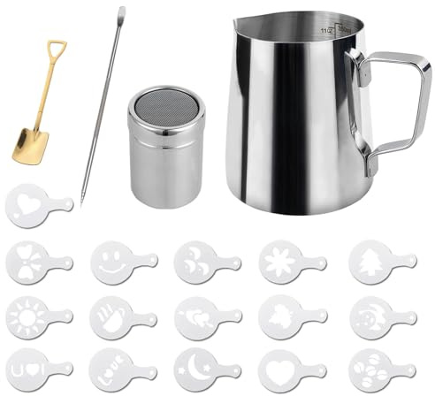 Brocca per latte, bricco latte acciaio inox, bollilatte acciaio inox, 350 ml, con 1 cucchiaio quadrato, 1 dosatore per polvere, 1 ago per latte art, 16 modelli di disegno, per caffè, torta, mousse