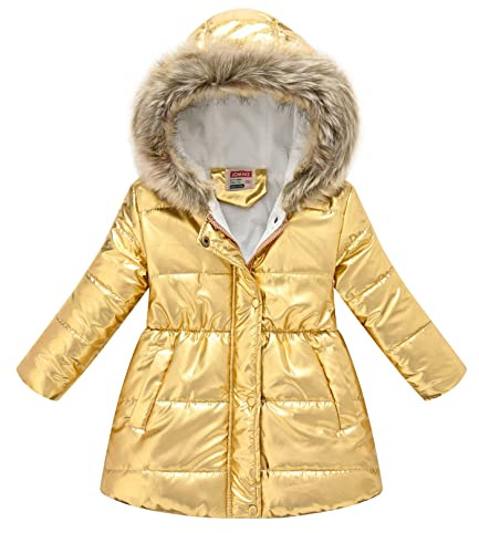 ranrann Manteau Fille Doudoune Hiver Chaud Métallisé Brillant Coupe-vent Manteau à Capuche Fourrure Veste Rembourré 3-12 Ans