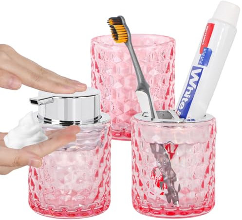 Fvstar Pinkes Badezimmerzubehör-Set aus Glas, Zahnbürstenhalter, Seifenspender und Becher, schäumender Seifenspender und Zahnbürstenhalter, 3 rosa Badezimmerbecher für Bürste, Zahnpasta