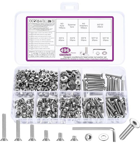 496 Pcs Tornillos M3, Juego de Tornillos y Tuercas, Tornillos de Cabeza Avellanada con Tuercas, Tornillos de Cabeza Hueca Hexagonal de Cabeza Plana y Tuercas y Arandelas Kit