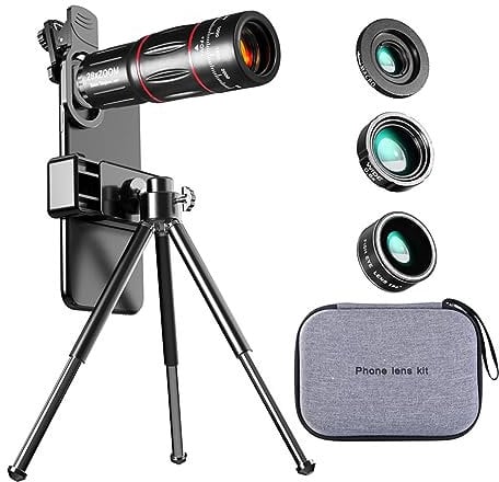 Phone Camera Lens Kit, 4 in 1 Phone Lens Kit with 28X Telephoto Lens, 198° Fisheye Lens, 0.6X Wide Angle Lens, 20X Macro Lens, Clip, and Tripod, for Most Smartphone