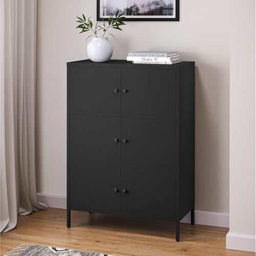 skølm Metallkommode Atriona, Wohnzimmerschrank mit 3 Fächern schwarz, Sideboard, Mehrzweckschrank Stahl 3x2, 113x80x38 cm