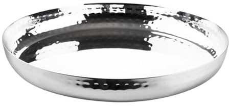 Olympia Hammered Stainless Steel Round Serving Tray, 260x35mm | Elevates food presentation in busy commercial settings, offering an eye-catching textured surface for serving tea or snacks.