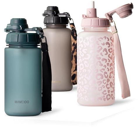 MAMEIDO Botella 500ml con pajita y marcador de tiempo, Botellas de agua a prueba de fugas, Botella agua niños sin BPA, Botella agua gimnasio fabricada en Tritan, Water Bottle (Ocean Bloom, 0,5l)