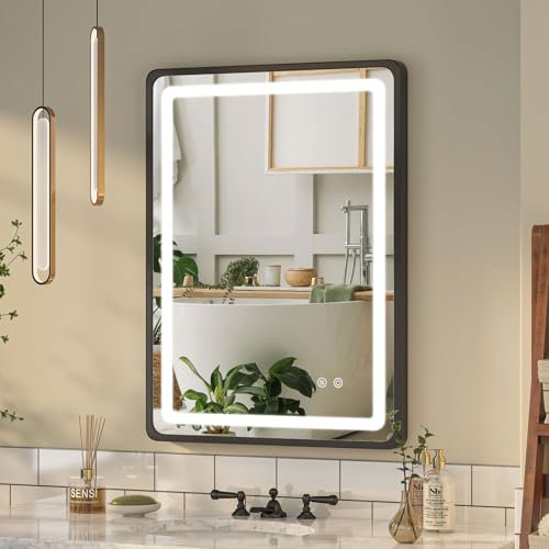 Spiegel rechiteckig led, Badspiegel mit Beleuchtung und Entfeuchtung, Badezimmer Wandspiegel mit Bruchsicherheitsfunktion, 76.5x55.5x4cm (Schwarz Vorderseitenlicht)