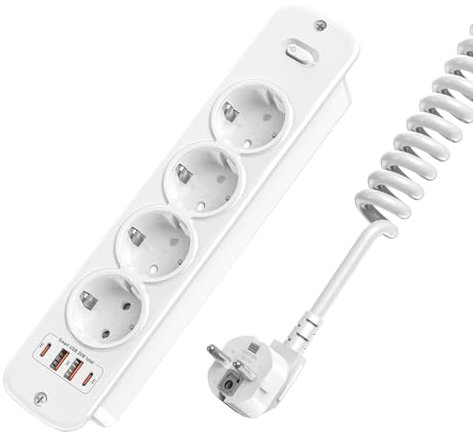 Enchufe empotrable retráctil de 4 enchufes (4000 W/16 A), regleta con 2 USB-C (PD20W) y 2 USB-A (QC18W), enchufe de mesa con protección contra sobretensiones para cocina y oficina, cable en espiral de