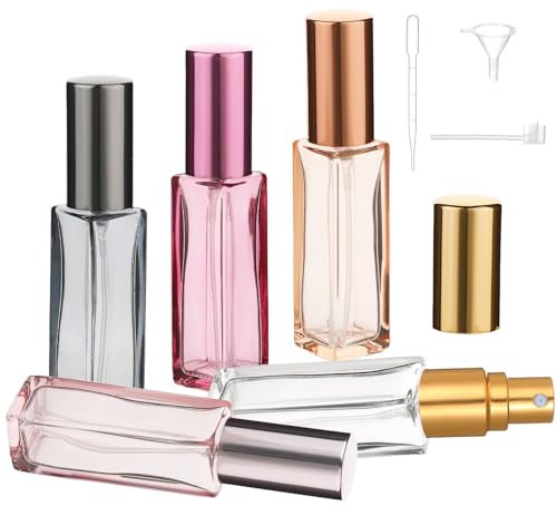 YUXIANLB Botellas de perfume de viaje recargables, 5 unidades, 10 ml, mini atomizador, juego de pulverización, vacío, recipiente de perfume de viaje, recipiente de perfume de cristal con embudo y