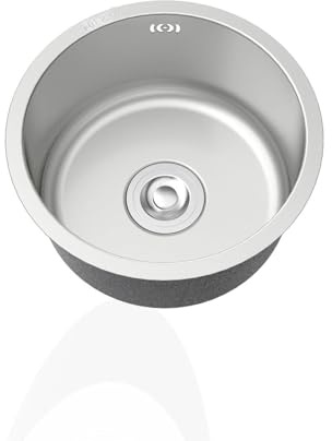 Fregadero de Cocina 1 Seno Plateado Redondo, Lavadero Cocina Inox Pequeño con Drenaje,Formas de Instalar Sobre Encimera/Bajo Encimera (Ø 34cm)