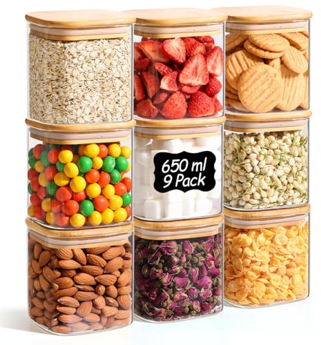 ComSaf Bocaux en verre avec couvercles 650 ml, lot de 9 pour la cuisine | Rangement cuisine, Couvercles en bambou, Cacahuètes, Riz aromatique, Graines de tournesol, Verre borosilicaté