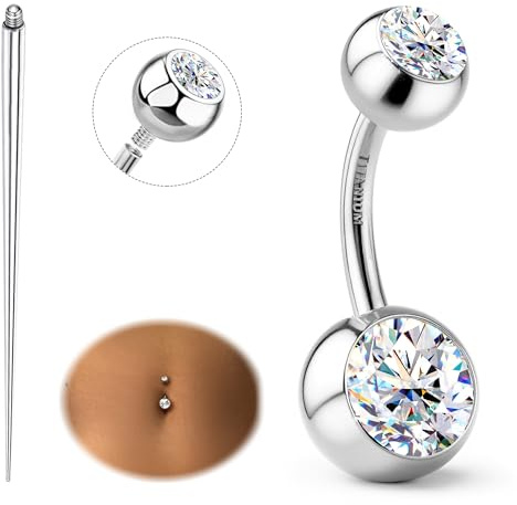 Sllaiss Piercing Ombligo Titanio G23 con Moissanita Brillante | 14G 10mm Piercings de Ombligo Mujer con Rosca Interna Hipoalergénico Joyería Corporal de Titanio Grado Implante Plata/Oro