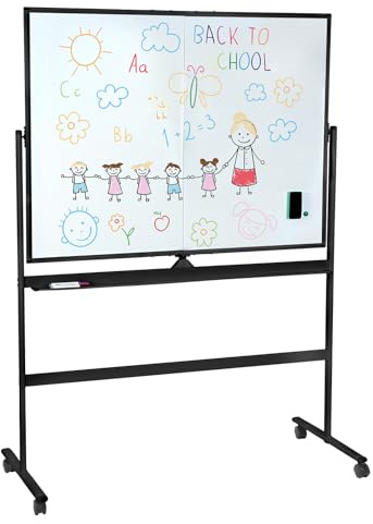 Tableau Blanc Effacable sur Pied, Tableau Blanc Magnetique, 90 × 120 cm, Double Face, Réglable en Hauteur avec Support, Roulant, Portable et Mobile, pour Le Bureau, Salle de Classe, École (Noir)