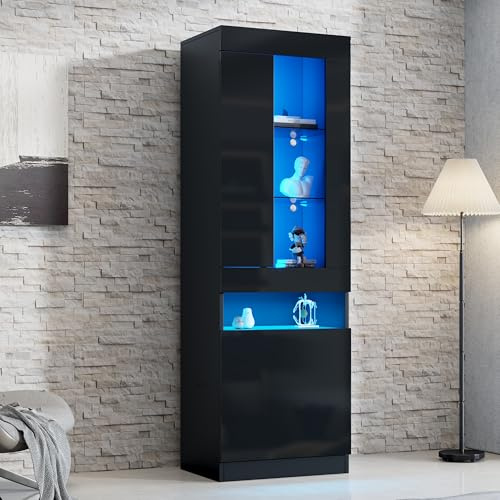 BTM Vitrine mit LED Beleuchtung Vitrinenschrank Standvitrine Stauraumvitrine Schrank Wohnzimmerschran Schwarz LED Wohnzimmer Wohnwände Buffet-Schran