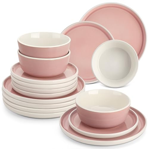 Steingut Geschirrset 6 Personen, vancasso Serie ELBA 18-tlg., Modern Geschirr Set in Rosa mit Speiseteller Dessertteller Müslischüsseln, Tafelservice 6 Personen, Schüssel- und Teller Set mit Stehrand