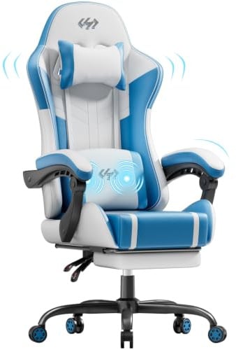 HLONONE Gaming Stuhl mit Massagefunktion, Ergonomischer Gaming Chair | Fußstütze, Kopfstütze und Massage Lendenkissen, Verstellbare Rückenlehne, für Homeoffice und Gaming, bis 150kg, Weiß-Blau