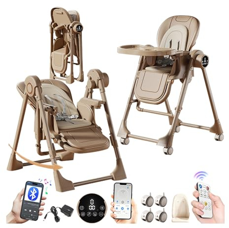 MoLi Elettrico Bluetooth Intelligente Pelle PU Seggiolone, Seggiolino Pappa Sedia con Funzione di Dondolo, Seggiolone Pappa Vassoio a Doppio Strato (E8121 Khaki)
