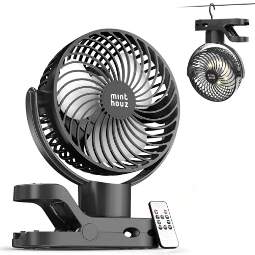 Minthouz Clip Ventilator, 8000mAh USB Tischventilator 4 Windstufen, 6 Zoll | Max 38h Laufzeit, Beleuchtung, Timer, 360° Drehung Tragbarer Ventilator für Büro Kinderwagen Camping und Golfwage –Schwarz