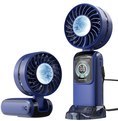 RaMokey Handheld Fan Rechargeable, 5 Speeds Portable Turbo Fan with Ice Cooling, Foldable Small Personal Fan, USB Electric Mini Fan for Travel Home Office Outdoor – Dark Blue