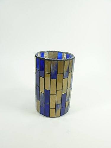 Dapo Windlicht-Glas Mosaik handgearbeitet Teelichthalter Kerzenhalter Teelicht-Glas Vase Dekovase Tischdekoration (Blau-Gold)