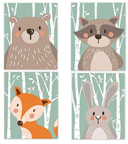 Trayosin 4er Set Kinderzimmer Babyzimmer Poster Bilder DIN A4 | Mädchen Junge Deko | Dekoration Kinderzimmer | Waldtiere Safari Skandinavisch (Bär,Kaninchen,Fuchs) (Grüner Boden)