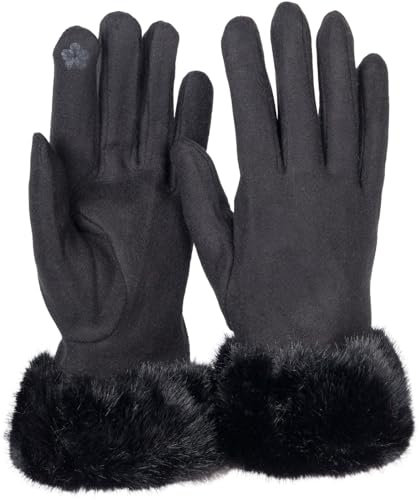 styleBREAKER Damen Unifarbene Touchscreen Stoff Handschuhe mit Kunstfell Besatz am Bund, warme Fingerhandschuhe Winter 09010028, Farbe:Schwarz