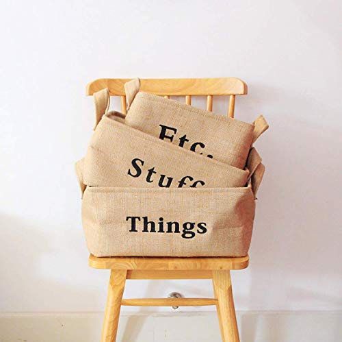 3 PCS Jute and Cotton Linen Storage Baskets, Decor Bin Basket Bag, Foldable Storage Basket with Handles, Pack of 3 Laundry Baskets (Beige)