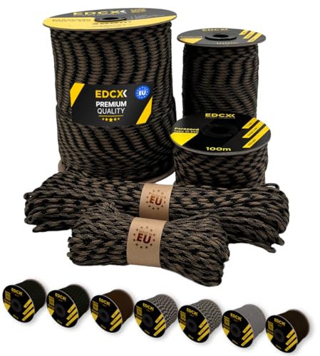 EdcX Paracord 4 mm, 20+ Militärfarben (15 m, 30 m, 50 m, 100 m, 300 m) | Ideal zum Basteln, Camping, Outdoor | 100% Nylonseil 4 mm | Taktische Kordel 550 Typ III (Coyote Black, 30 m)