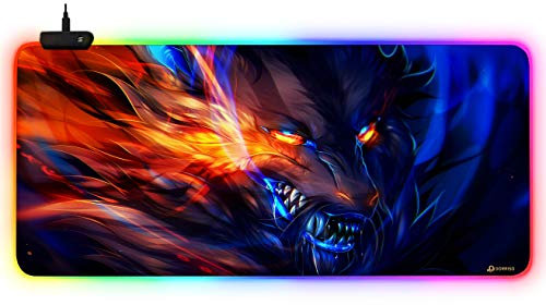 DORRISO Alfombrilla de Ratón Juegos Grandes RGB 900x400x3 mm XXL Alfombrilla Raton Gaming Impermeable Base de Goma Antideslizante para Gamers Ordenador y Oficina Mousepad Lobo de Fuego