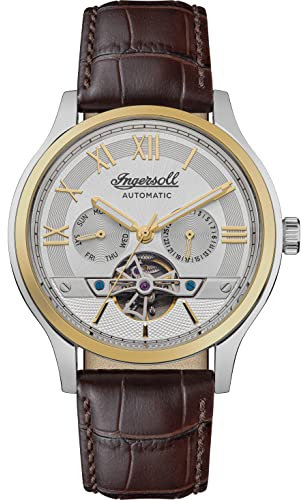 Ingersoll The Tempest Herren-Automatikuhr, 44 mm, mit silbernem Zifferblatt mit offenem Herzen und braunem Lederarmband I12101