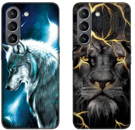 DiaryTown 2 Pack für Samsung S21 FE 5G Hülle, Ultra Dünn Silikon Bumper Schutzhülle Stoßfest mit Muster Motiv Schwarz Handyhüllen Weich TPU Cover für Galaxy S21 FE 5G - Wolf & Löwe
