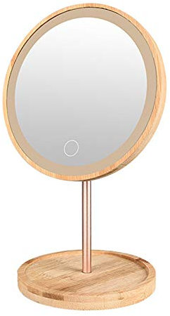 HUIKJI Miroir de maquillage LED en bois de bambou, miroir de bureau, miroir cosmétique de bureau, rechargeable par USB, lampe tactile réglable