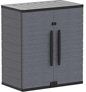Duramax Cedargrain Short Plastic Vertical Cabinet, 2 Door With 2 Shelves, Garden Storage Cupboard, Outdoor Lockable Water Resistant Unit, Grey