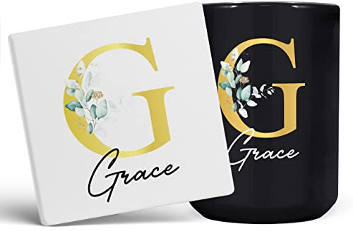 Personalised Letter G Floral Mug Initial with Name, Customised Gift, Gold Effect Printed Letter, NOT Metallic - Ceramic Coffee Cup for Men or Women, Extra Large and Giant Mug, 15oz Black Mug & Coaster