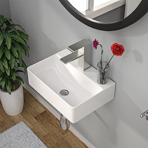 Kichae - Fregadero de baño flotante montado en la pared, rectangular, de 14 x 10 pulgadas, pequeño y moderno, para colgar en la pared, lavabo de cerámica de porcelana blanca con agujero para grifo