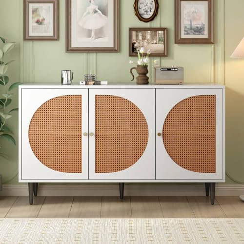 Sweiko Buffet polyvalent avec 3 portes en rotin et poignées en métal, commode haut avec pieds en métal contenant du fer, armoire de rangement pour chambre à coucher, salon, cuisine.