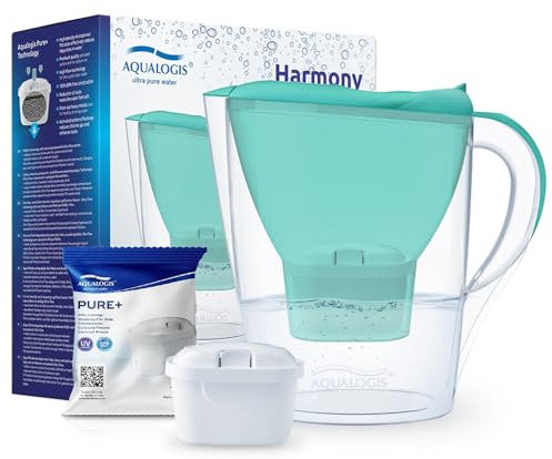 Aqualogis Harmony - Caraffa filtrante per frigorifero da 2,6 l, per ridurre microplastiche, incrostazioni, cloro, sapore e odori, senza BPA, (filtro di ricambio modello: Pure+) (verde chiaro)
