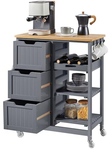 Yaheetech Carrello Cucina 67x37x84,5 cm con Ruote 3 Cassetti 3 Ripiani | Carrello Multifunzionale Mobiletto Cucina Salvaspazio Scorrevoli Struttura Resistente Ampio Spazio Grigio Scuro