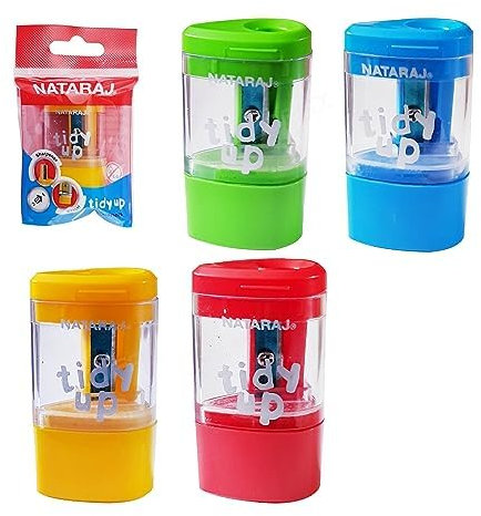 Tidy-Up Pencil Sharpeners, 2-in-1 Single Hole Tub Pot Sharpener Erasers, Multicolour, Pack of 4, Perfect School Office Home Use, iZOFAX Black Ball Pen