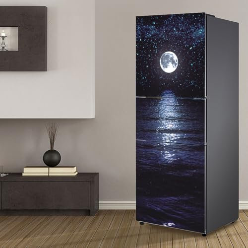 Fridge Wraps Kitchen Fridge Stickers Cover Full Doors, Fridge Sticker Full Covering Door Fridge Covers Skins Wall Stickers for Kitchen Decal, Stars and Moon Falling in The sea Night